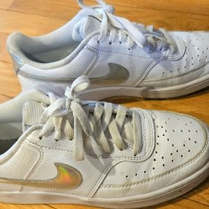 Nike Court Vision Women's Size 8 White Leather with Silver Irridiscent Swoosh